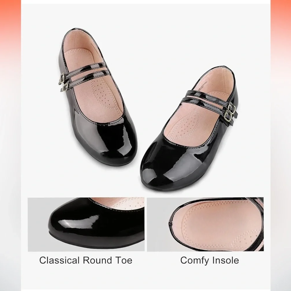 Girls Size 3 Black Patent Mary Jane Double Strap Dress Shoes